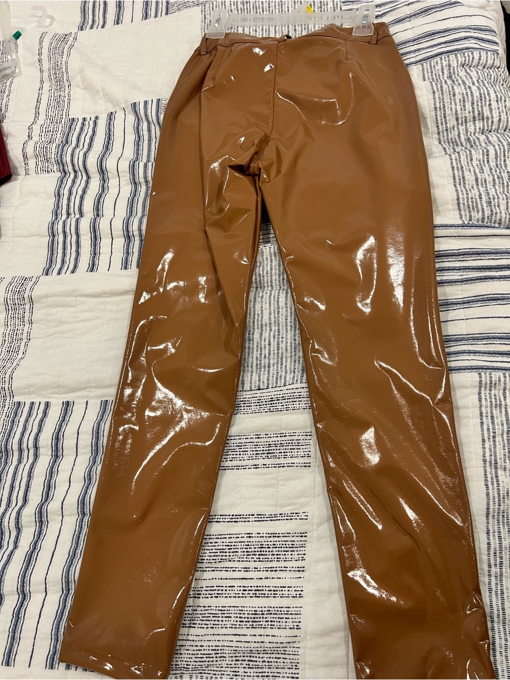 High-Shine Vegan Leather Straight Leg Pants - Cognac Brown